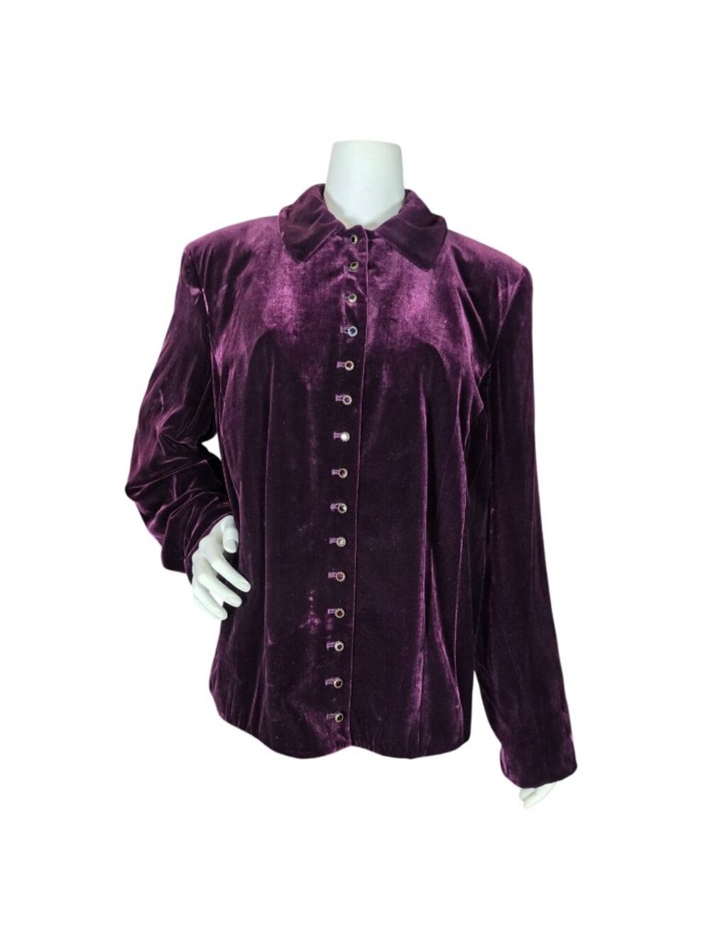 VTG Lauren Ralph Lauren Silk Velvet Blouse 14W Purple Maroon Crystal Button